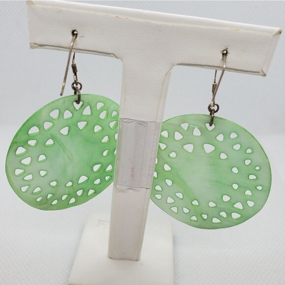 Green Mother of Pearl Carved Cutout Flower Earring - Picture 3 of 3